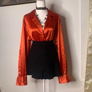 Beautiful Orange satin blouse with long sleeve and button-up collar